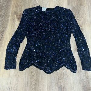 Stunning Vintage 80s 90s Beaded 100% Silk Long Sleeve Blouse Black Blue Small